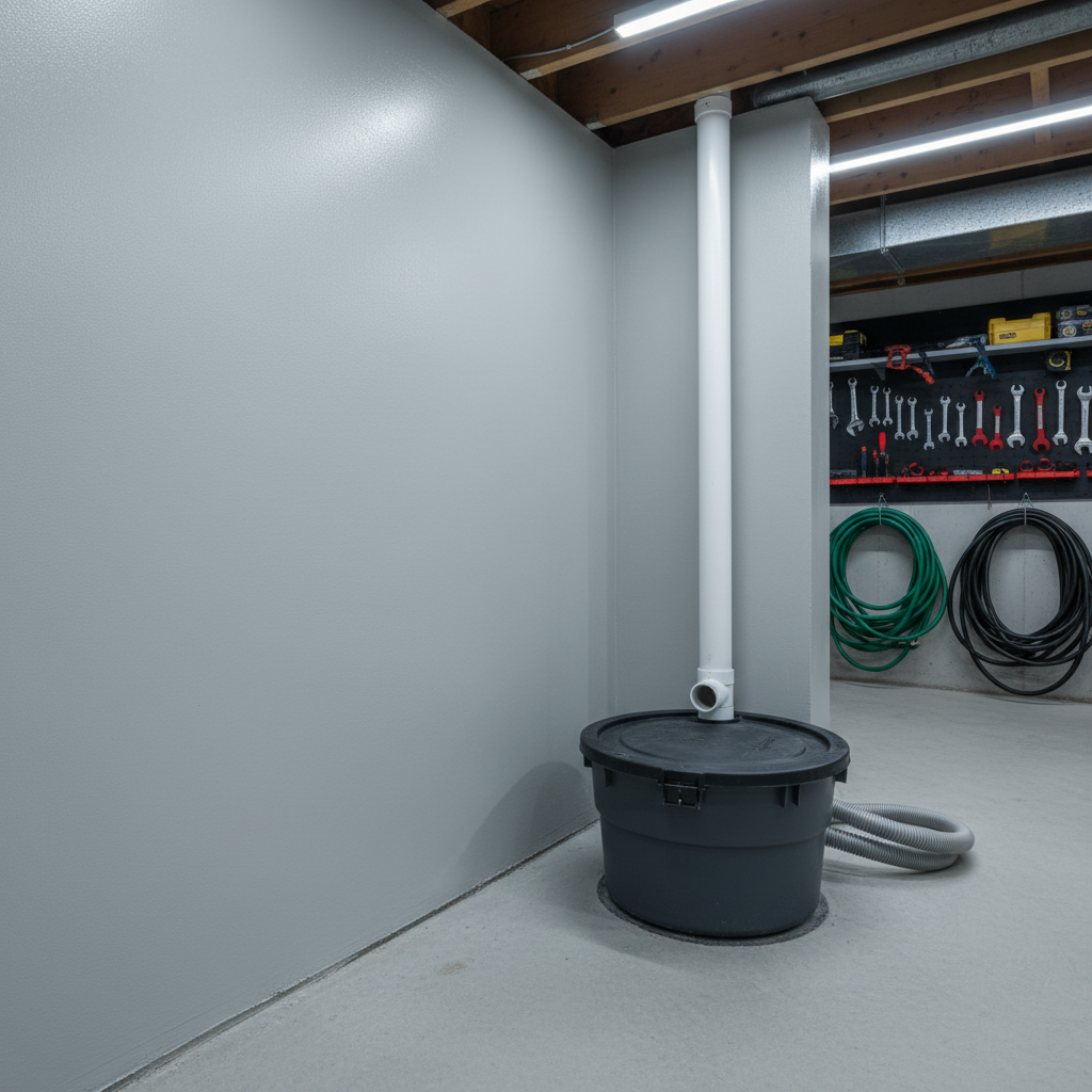A basement repair scene featuring a freshly sealed concrete foundation wall and installed sump pump system. The pale gray concrete wall is smooth and evenly coated with a waterproofing sealant, with clean, straight lines where it meets the floor. A new, durable plastic sump basin with a tightly fitted black lid sits neatly in a cutout of the floor, connected to a straight, white PVC discharge pipe running up the wall. Organized tools and neatly coiled hoses are visible on shelves in the softly blurred background. Cool, even LED lighting eliminates harsh shadows, creating a crisp, professional atmosphere. Photographic realism, shot at eye level with a wide field of view, emphasizes reliability and long-term protection for the home.