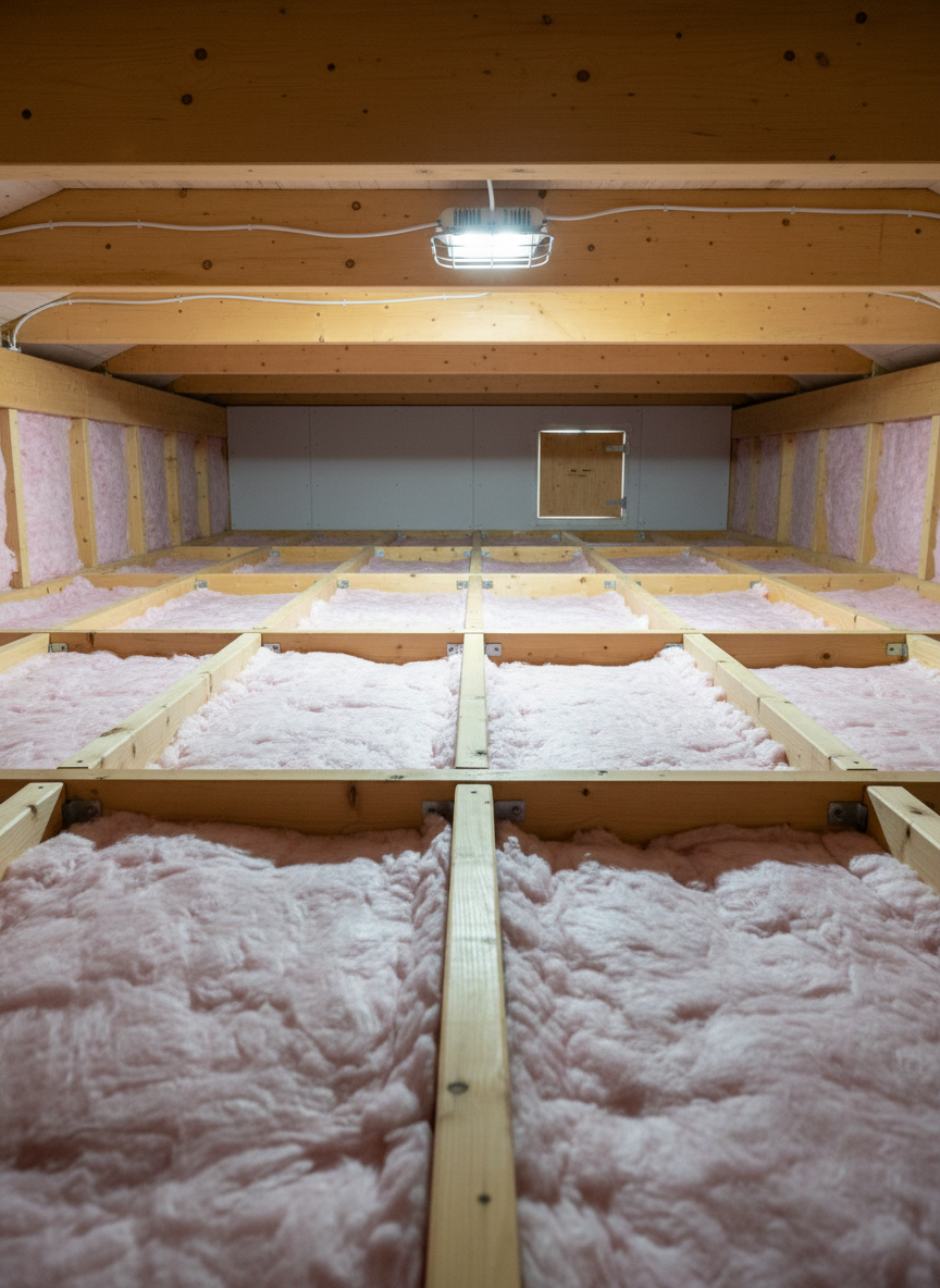 An attic scene featuring newly installed insulation and reinforced wooden beams, all meticulously arranged. The clean, light tan wooden joists form straight, parallel lines, while uniform, soft-looking fiberglass insulation blankets the floor between them without gaps. Electrical wiring is neatly stapled along the beams, and a new, energy-efficient LED work light is mounted near a small access hatch. Cool, diffused light from the LED fixture casts even illumination, creating faint, orderly shadows that emphasize the structure. Captured from a low, forward-facing angle in photographic realism, with sharp focus throughout, the atmosphere is safe, orderly, and professional, highlighting thorough, trustworthy home repair work in hidden structural spaces.