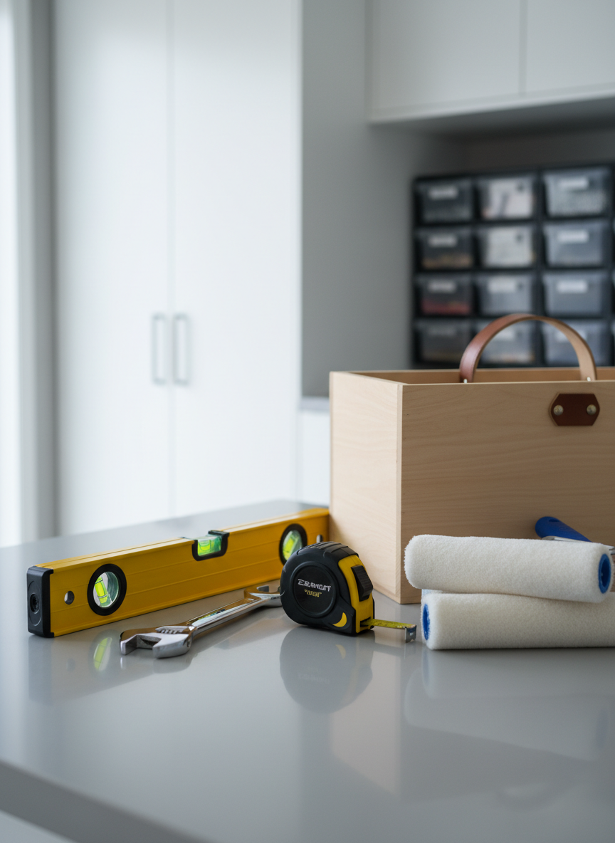 A neatly organized set of home repair tools arranged on a clean, light gray workbench in a modern garage. A bright yellow level, chrome-plated adjustable wrench, new tape measure, and neatly stacked paint rollers rest beside a pristine wooden toolbox with smooth, sanded edges. In the background, built-in white storage cabinets and labeled bins line the wall, softly blurred. Cool daylight streams in from an unseen side window, creating gentle reflections on the metal surfaces and crisp, minimal shadows. Captured at eye level with photographic realism and a moderate depth of field, the composition feels professional, reliable, and ready for work, perfectly reflecting dependable home repairs without visual clutter.
