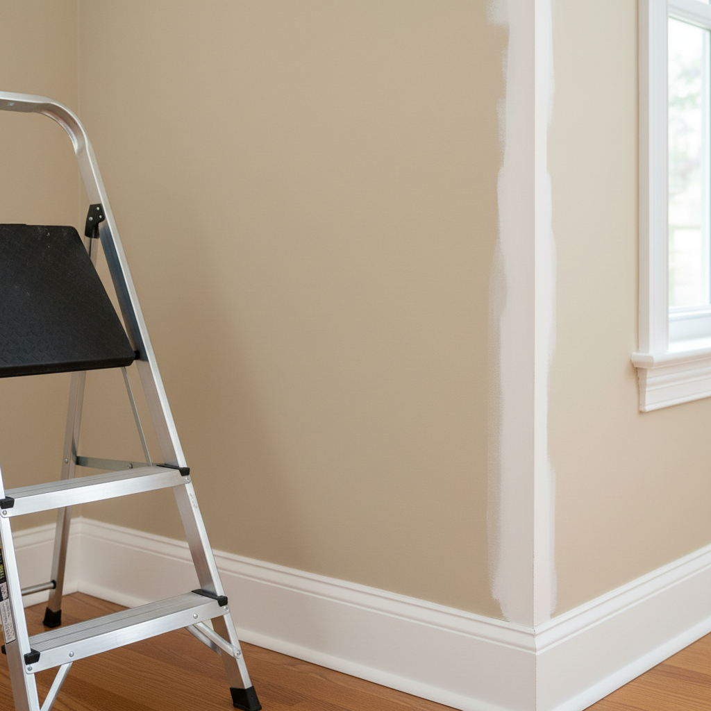 A freshly repaired interior wall section showing a perfectly patched drywall area, smoothly sanded and painted in a warm, neutral eggshell finish. The wall meets a bright white, flawlessly caulked baseboard with sharp, clean lines and no visible gaps. A sturdy step ladder with a spotless aluminum frame and non-slip black treads stands nearby on a spotless hardwood floor with subtle wood grain. Soft, diffused natural light from a nearby window washes across the wall, revealing an even texture and no imperfections. Shot from a slightly angled, close-up perspective in photographic realism, the mood is calm, meticulous, and professional, emphasizing quality workmanship and attention to detail in home repairs.