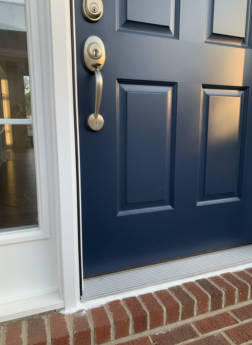 A close-up view of a pristine exterior front door repair, showcasing a solid, deep navy blue door with a smooth, satin finish and crisp white trim. The newly replaced brushed nickel deadbolt and handle set are aligned perfectly, with clean screw heads and no scratches. The adjacent door frame shows fresh weatherstripping seated snugly in its groove, and the threshold is spotless, with tight, even caulking where it meets the brick entryway. Soft, late-afternoon natural light casts a warm glow across the scene, enhancing the textures of the paint, metal, and brick. Photographic realism, framed using the rule of thirds, conveys security, reliability, and a professional approach to exterior home repairs.