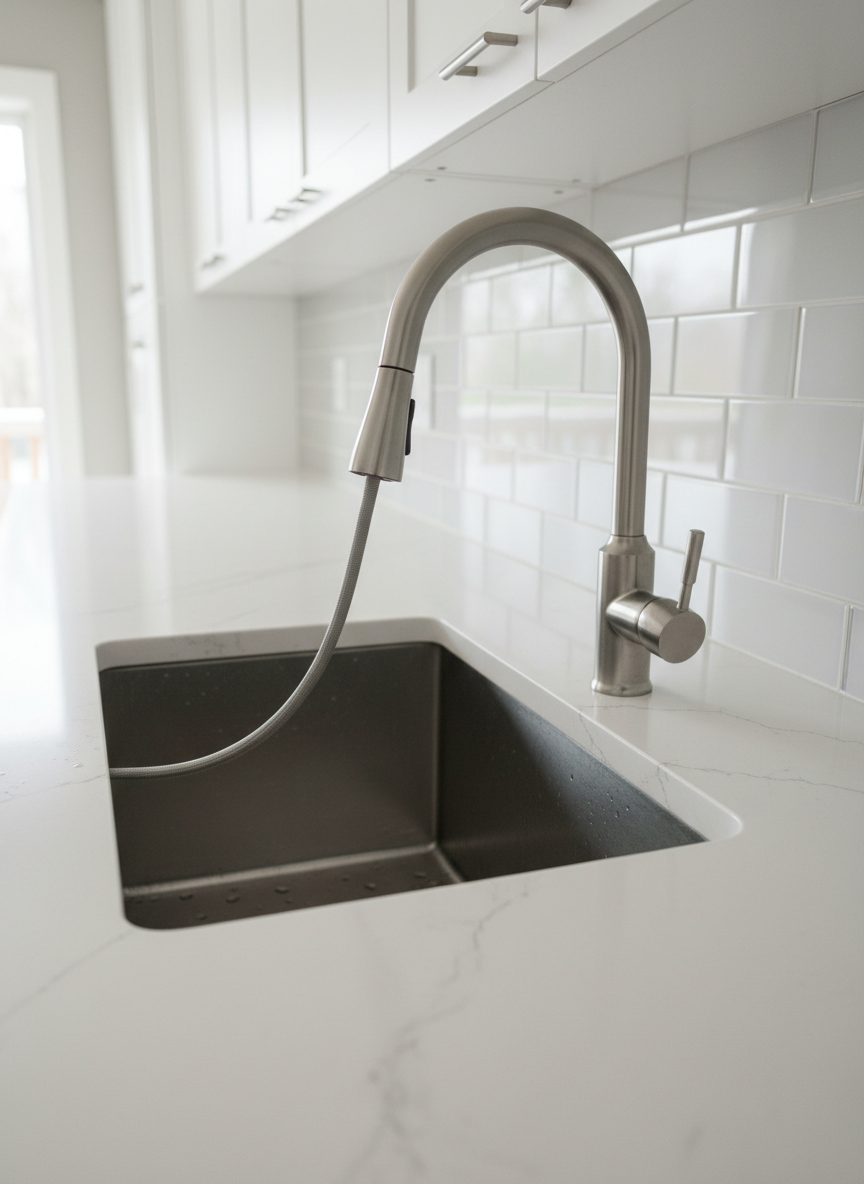 A detailed close-up of a newly installed kitchen faucet and sink, featuring a brushed stainless steel, high-arc pull-down faucet mounted on a spotless white quartz countertop. The stainless steel undermount sink is perfectly aligned, with a smoothly caulked edge and no visible seams. In the softly blurred background, simple white shaker cabinets and a pale gray subway tile backsplash create a clean, modern setting. Gentle midday natural light from an unseen window reflects subtly off the metal surfaces, highlighting their texture without harsh glare. Photographic realism, shot from a slightly elevated angle with shallow depth of field, conveys a sense of reliability, precision, and professional home repair service focused on high-quality finishes.